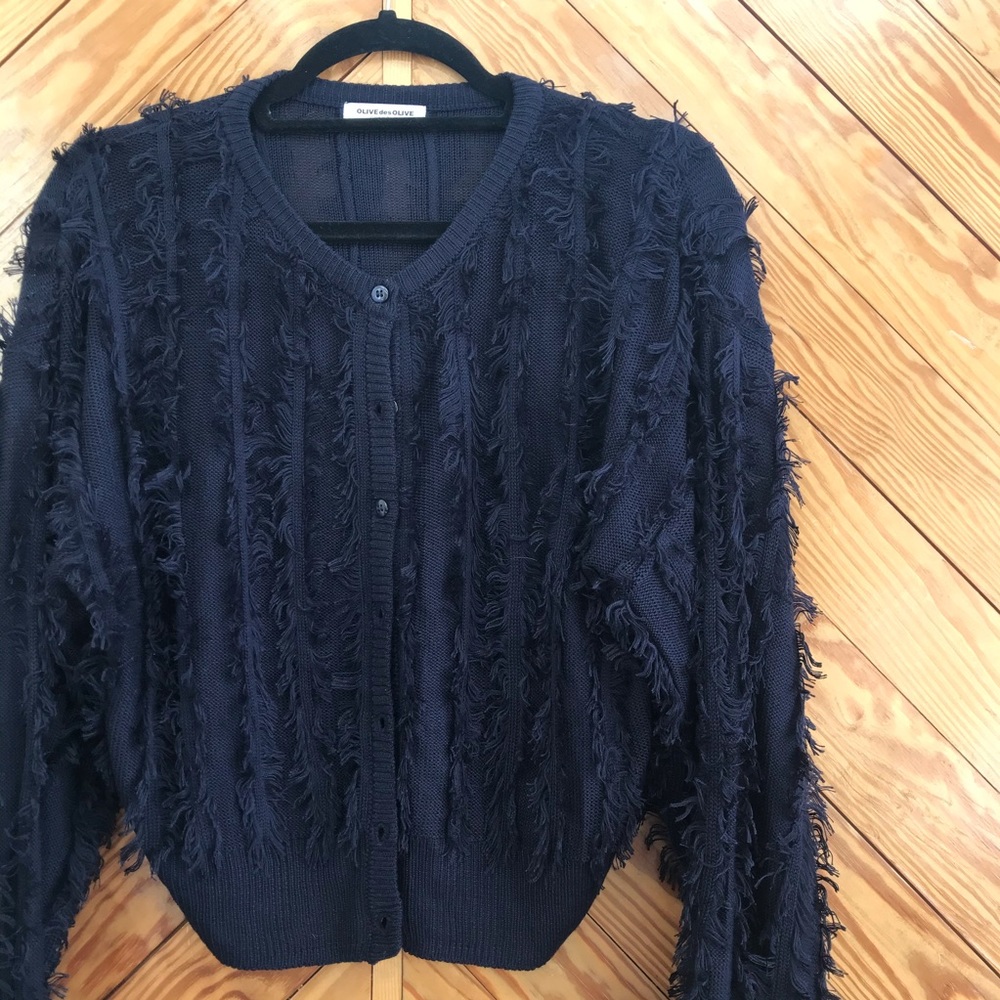 Shaggy Knit Cardigan Navy Blue 90s Y2K